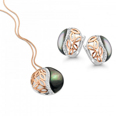 'Unari' Women's Sterling Silver Set: Chain-Pendant + Earrings - Silver/Rose SET-7112