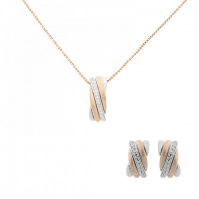 'Joline' Women's Sterling Silver Set: Chain-Pendant + Earrings - Silver/Rose SET-7118