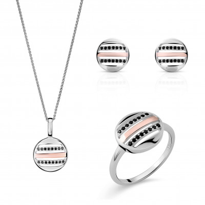 Orphelia® Women's Sterling Silver Set: Necklace + Earrings + Ring - Silver/Rose SET-7501 #1