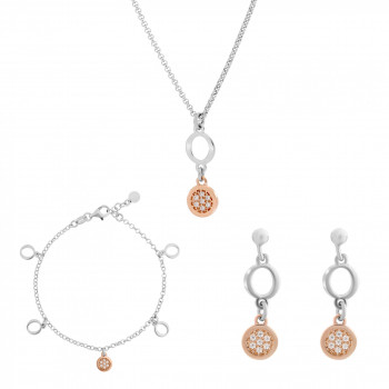 Orphelia® Women's Sterling Silver Set: Chain + Bracelet + Earrings - Silver/Rose SET-7376 #1