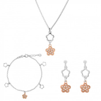 Orphelia® Women's Sterling Silver Set: Chain + Bracelet + Earrings - Silver/Rose SET-7377 #1