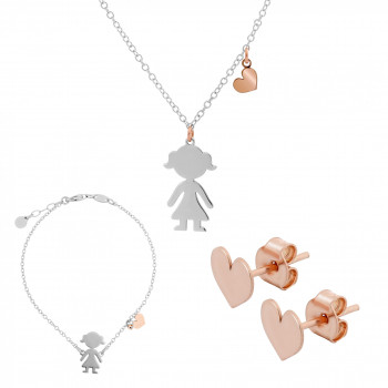 Orphelia® Women's Sterling Silver Set: Chain + Bracelet + Earrings - Silver/Rose SET-7390 #1