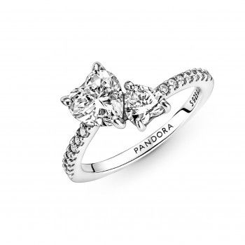 Pandora® Pandora Timeless 'Double Heart Sparkling' Women's Sterling Silver Ring - Silver 191198C01