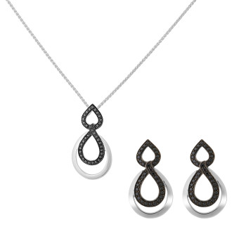 Orphelia® 'Amber' Damen Sterling Silber Set: Halskette-Anhanger + Ohrringe - Silber/Schwarz SET-7092/2