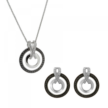 Orphelia® 'Azalea' Damen Sterling Silber Set: Halskette-Anhanger + Ohrringe - Silber/Schwarz SET-7095/2