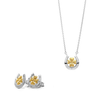 Orphelia® 'Signature' Damen Sterling Silber Set: Halskette-Anhanger + Ohrringe - Silber/Gold SET-7517