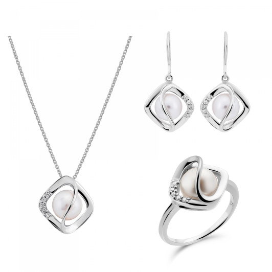 Orphelia® 'Aina' Femmes Argent Set: Necklace + Earrings + Ring - Blanc SET-7471/52