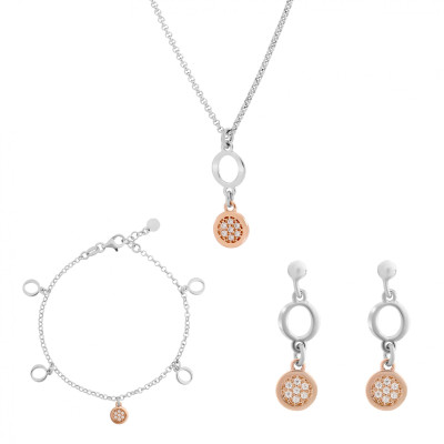 Orphelia® 'Maite' Women's Sterling Silver Set: Chain + Bracelet + Earrings - Silver/Rose SET-7376