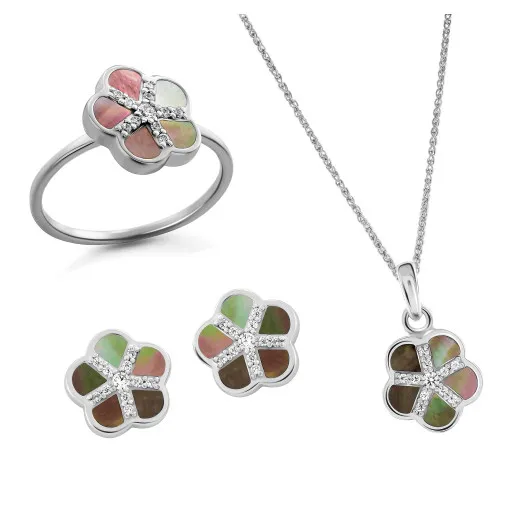 Orphelia® 'Daisy' Women's Sterling Silver Set: Necklace + Earrings + Ring - Silver SET-7585