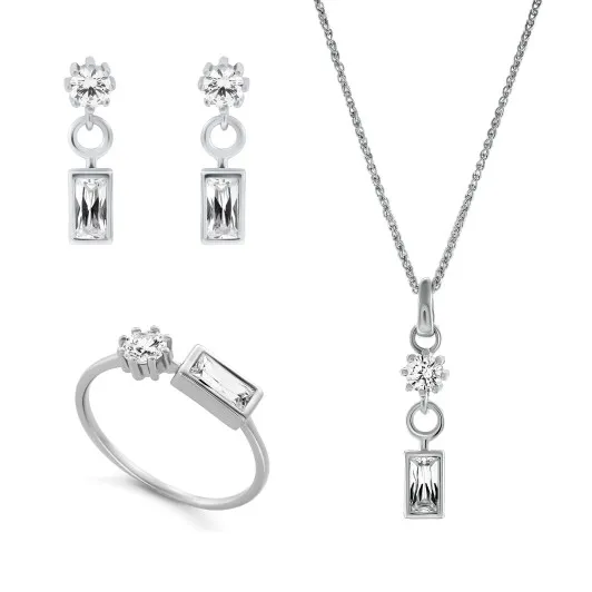 Orphelia® 'Madelyn' Women's Sterling Silver Set: Necklace + Earrings + Ring - Silver SET-7583