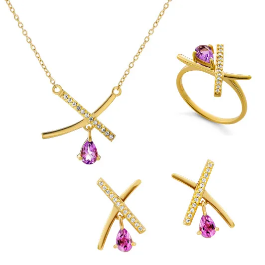 Orphelia® 'Charlotte' Women's Sterling Silver Set: Necklace + Earrings + Ring - Gold SET-7580/A
