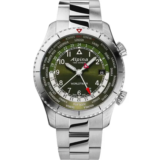 Alpina® Analogue 'Startimer Pilot Quartz Worldtimer' Men's Watch AL-255GR4S26B