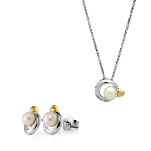 Orphelia® 'Mathilde' Damen Sterling Silber Set: Halskette-Anhanger + Ohrringe - Silber/Gold SET-7510/G