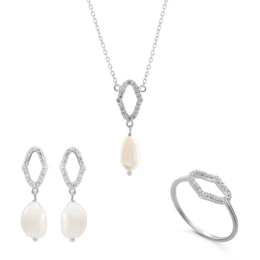 Orphelia® 'Normandy' Women's Sterling Silver Set: Necklace + Earrings + Ring - Silver SET-7574