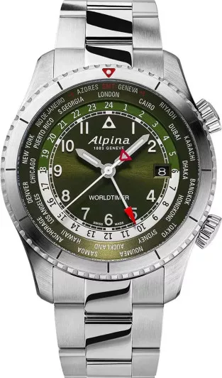 Alpina® Analogue 'Startimer Pilot Quartz Worldtimer' Men's Watch AL-255GR4S26B