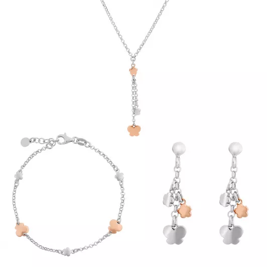 Orphelia® 'Lorelei' Women's Sterling Silver Set: Chain + Bracelet + Earrings - Silver/Rose SET-7386