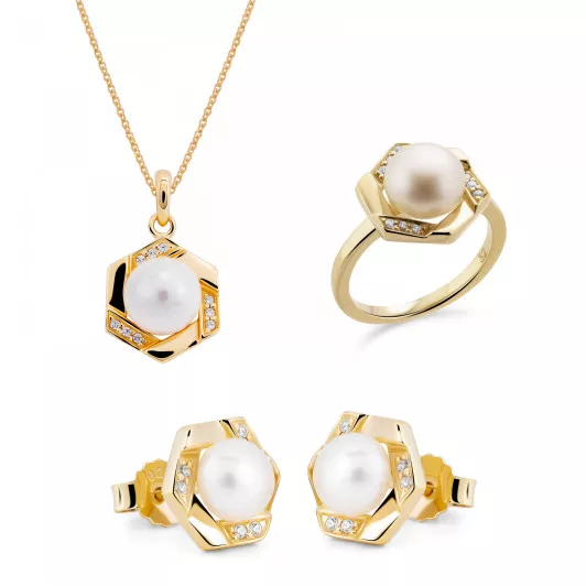 Orphelia® 'Aliva' Women's Sterling Silver Set: Necklace + Earrings + Ring - Gold SET-7469/G