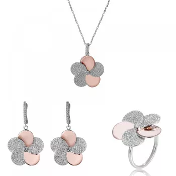 Orphelia® 'Fioni' Dames Zilver 925 925 Set: Ketting + Oorbellen + Ring - Zilver/Rosé SET-7452