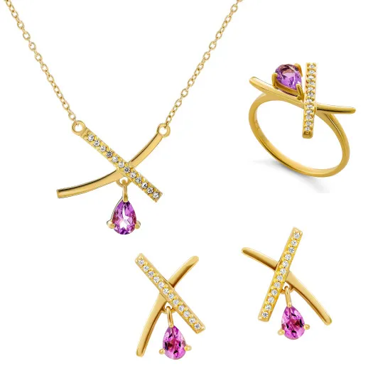 Orphelia® 'Charlotte' Women's Sterling Silver Set: Necklace + Earrings + Ring - Gold SET-7580/A