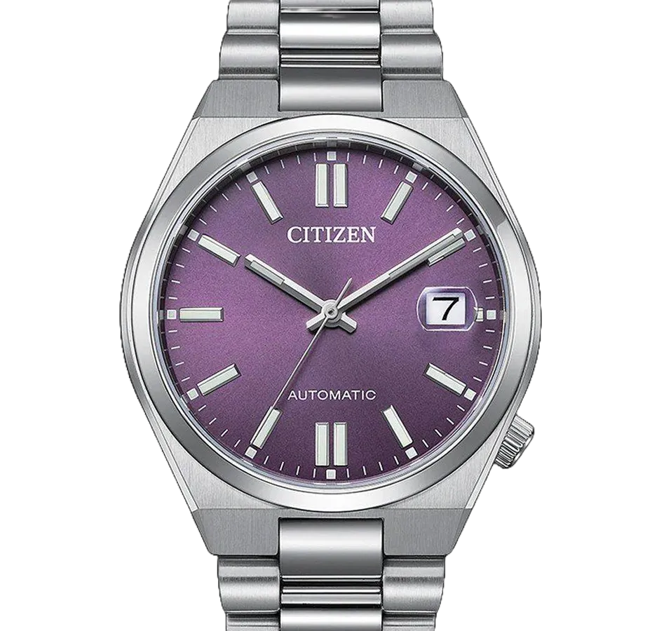 Stainless steel Citizen watch with purple dial on black background.