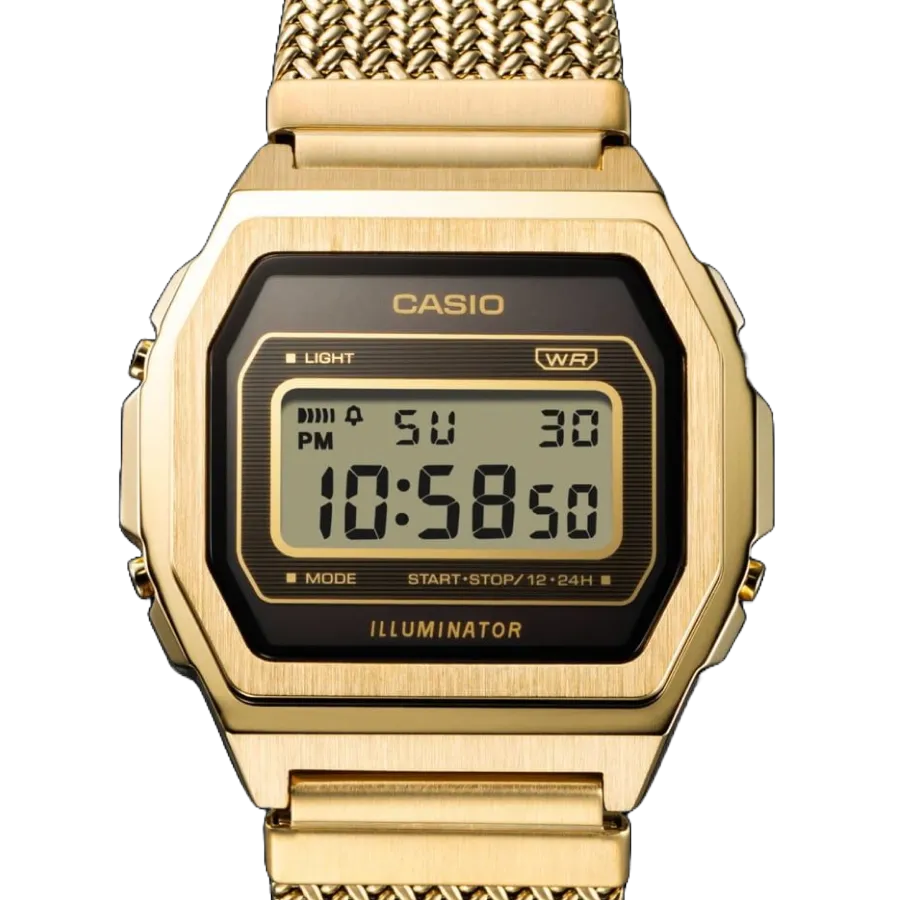 Gold Casio digital retro-style watch on black background.