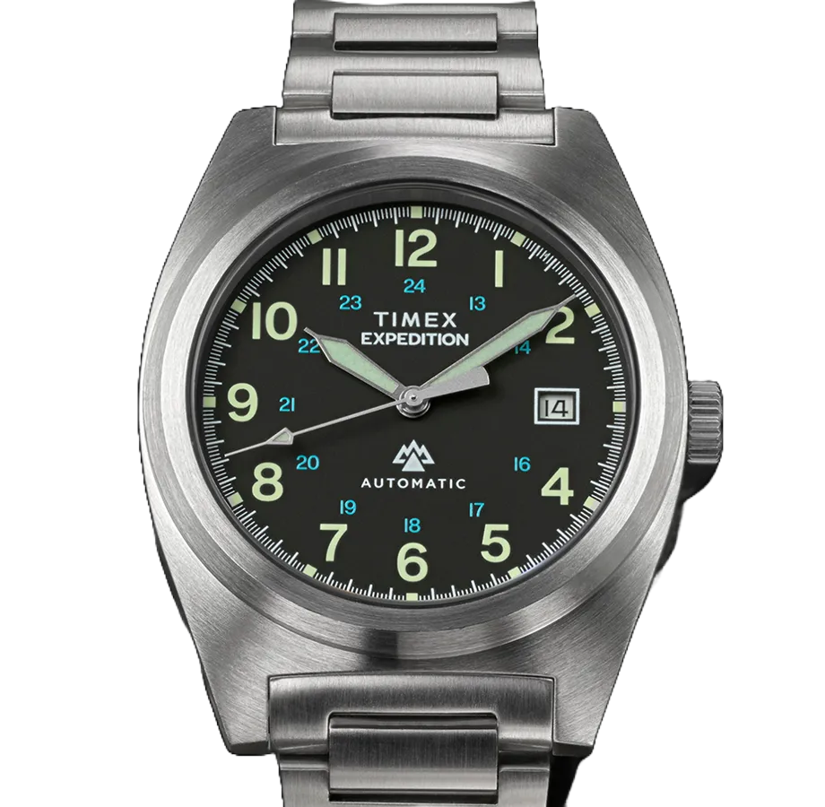 Timex stainless steel watch with green dial on black background.
