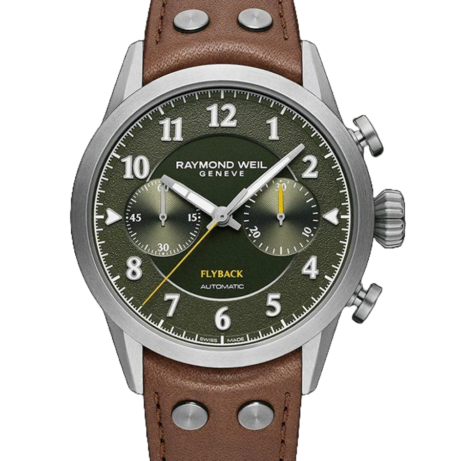 Chronograph Raymond Weil watch with brown leather strap on black background.