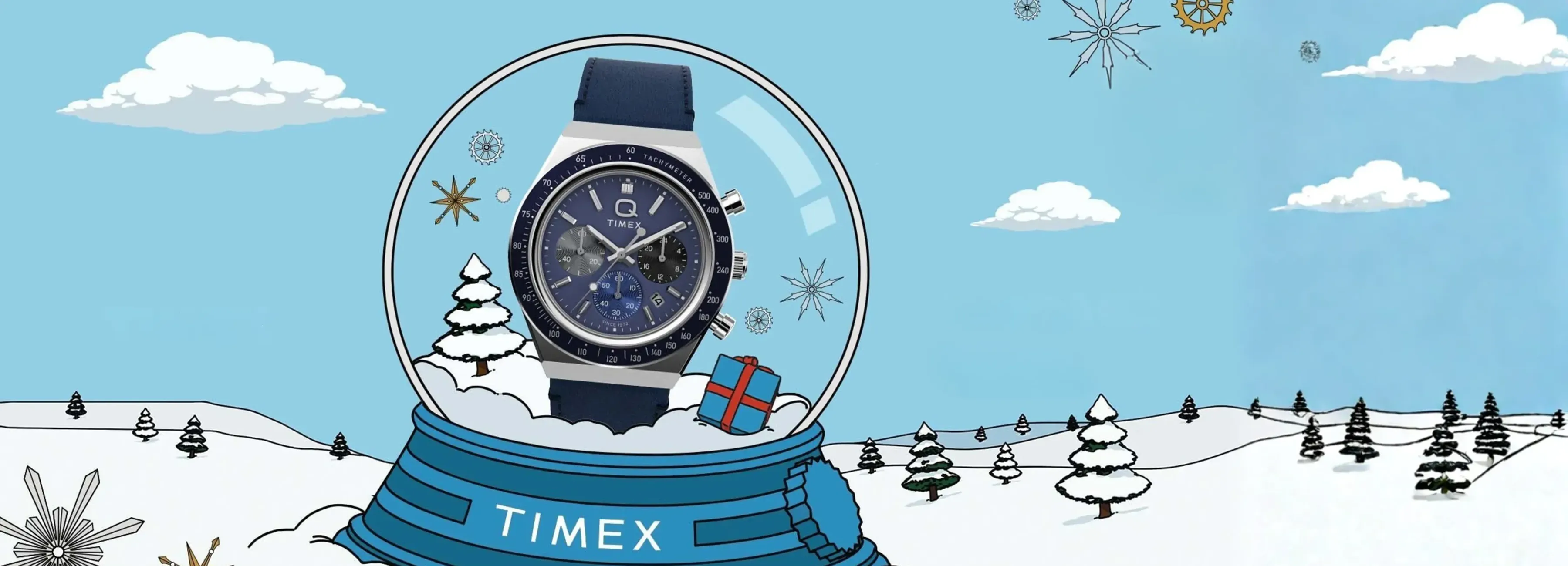 Ein gro&szlig;es Banner im Timex-Uhren-Geschenkeshop zeigt eine elegante Herrenuhr in einer Schneekugel und wirbt f&uuml;r Uhrengeschenke zum neuen Jahr sowie f&uuml;r die Timex-Geschenkkollektion.