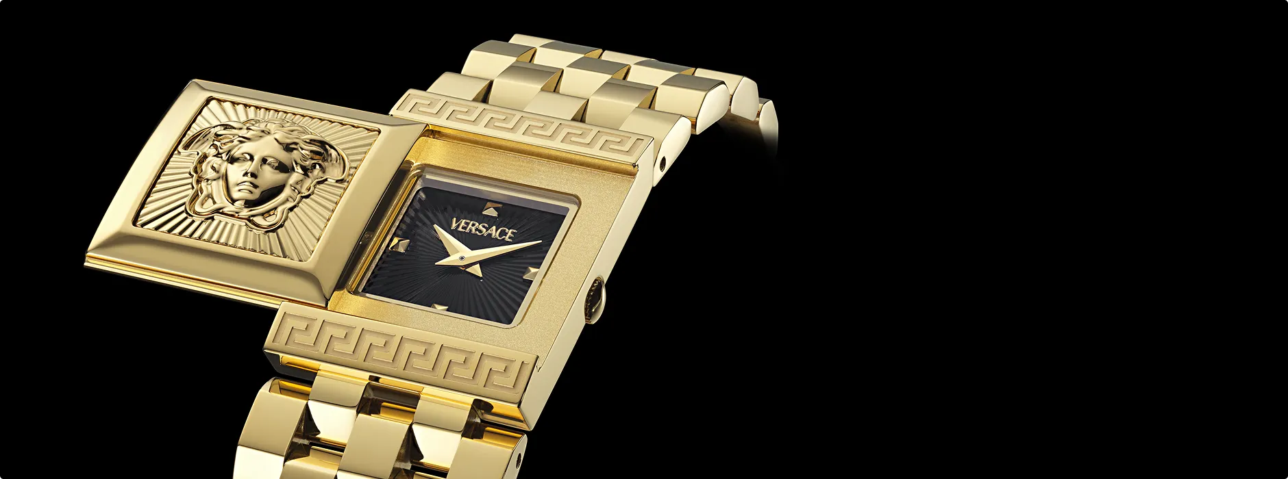 Eine goldene Versace-Uhr mit Medusa-Gravur wird auf einem Black Friday-Banner pr&auml;sentiert.