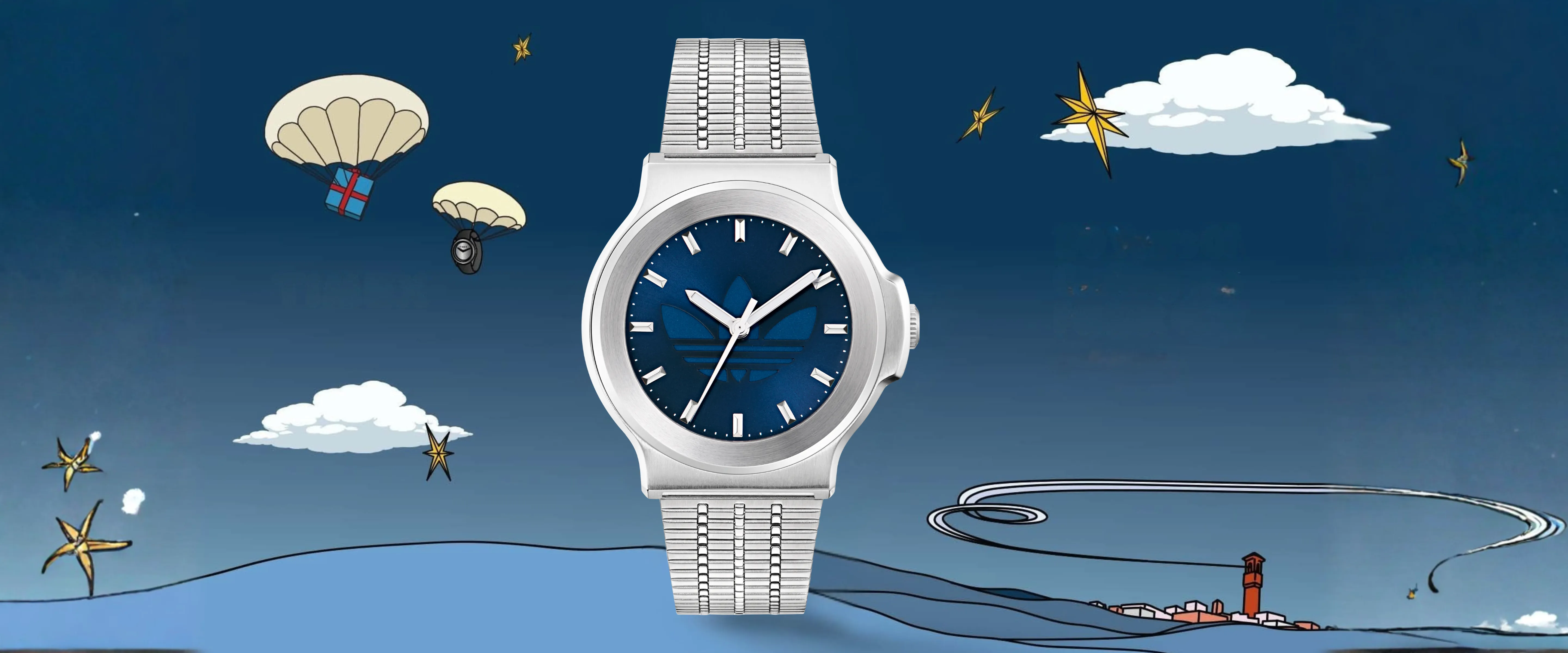 Silver wristwatch with blue dial featured in a playful illustrated gifting scene with clouds and parachutes