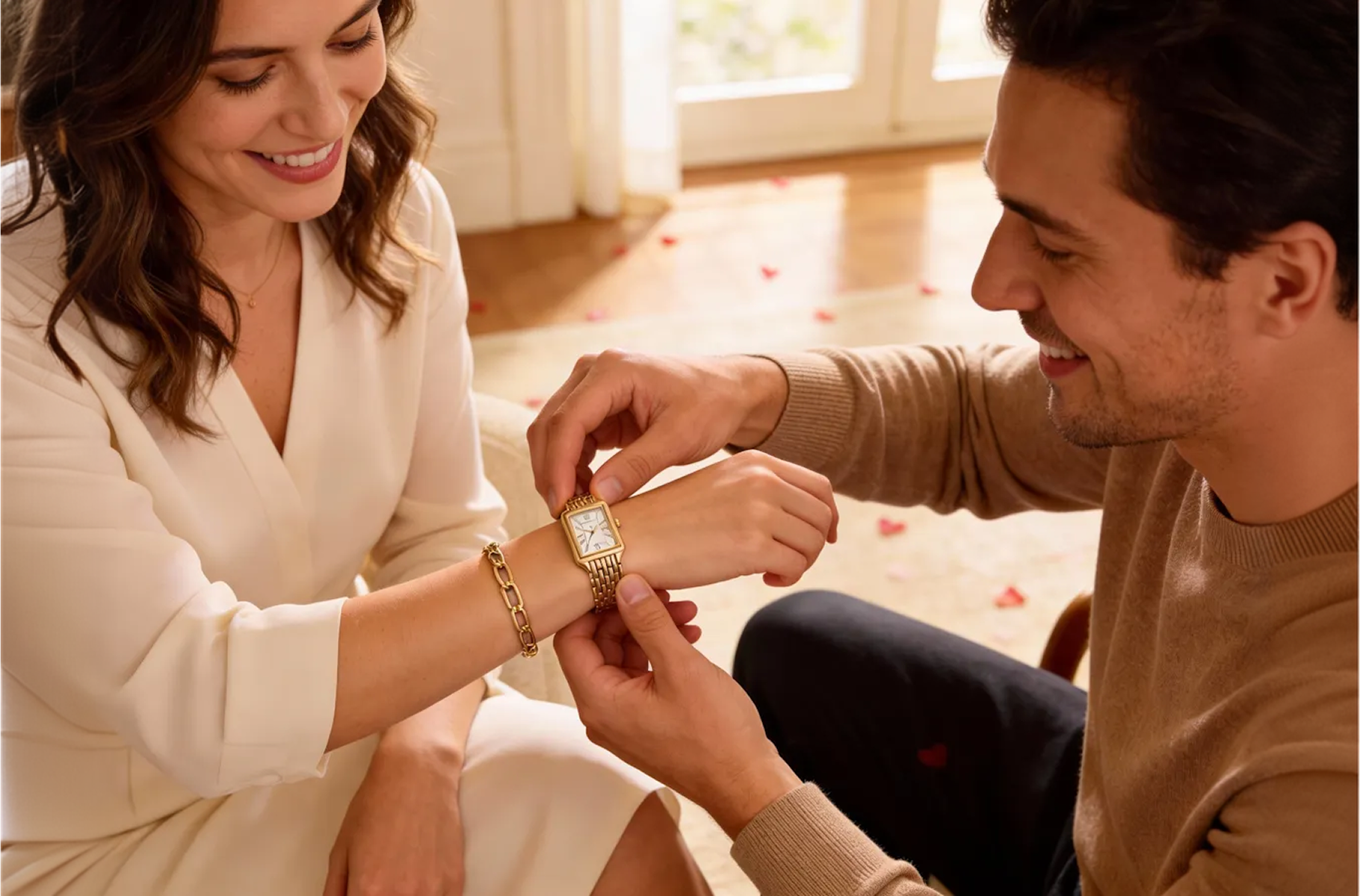 Man geeft een horloge cadeau aan een vrouw thuis, als horlogecadeau voor haar