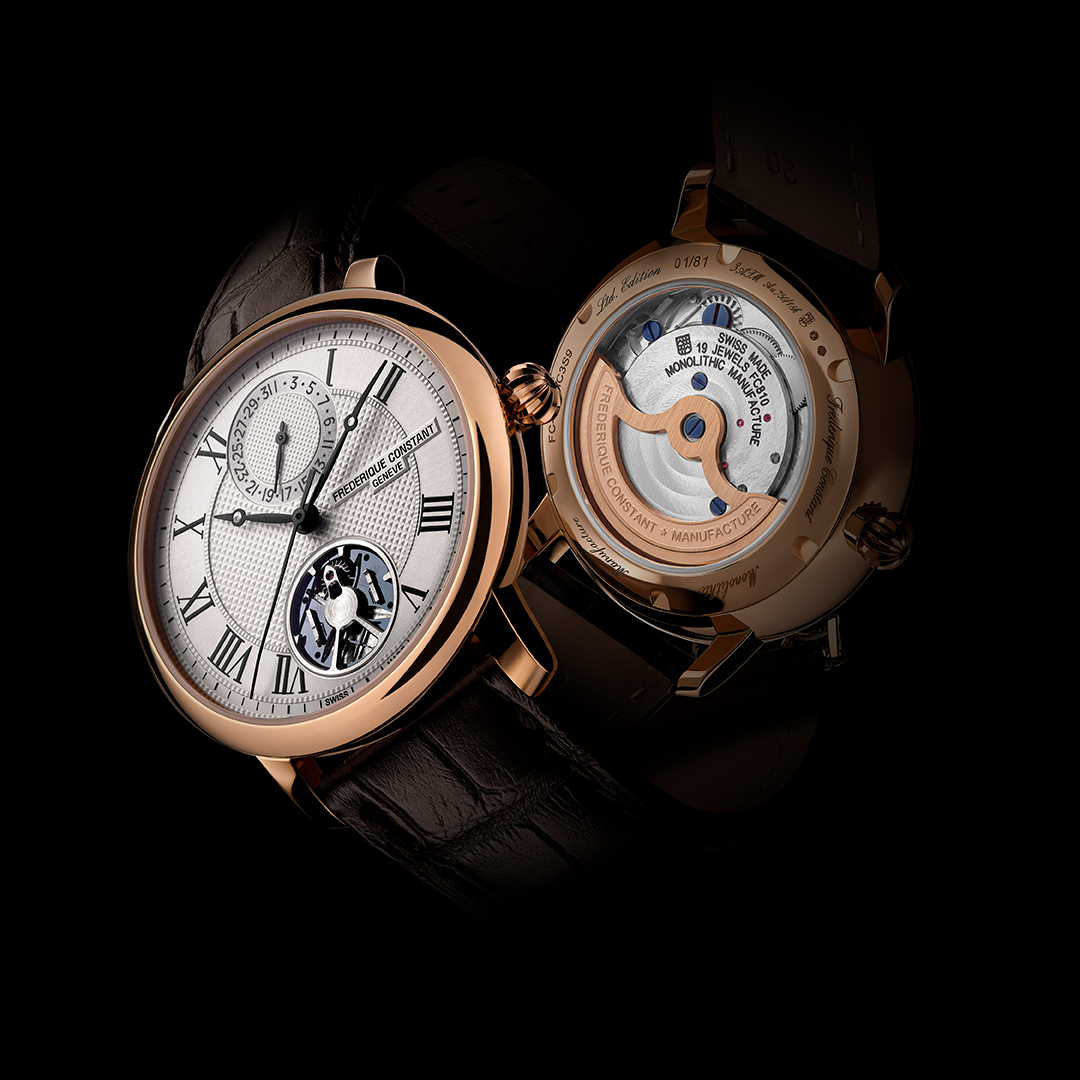 Front and back view of a rose gold Frédérique Constant watch with an open-heart dial and visible automatic movement.